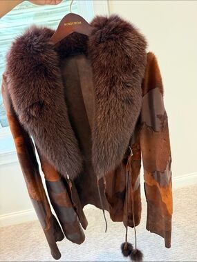 Women genuine pony hair REVERSIBLE 2 tone coat Shearling Coat with Fur Collar